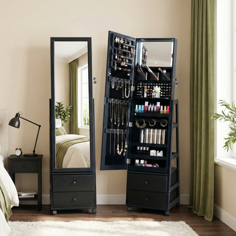 Armoire à bijoux avec miroir sur pied, miroir de rangement pleine longueur pour bijoux avec écran tactile et miroir de coiffeuse rotatif pour armoire à bijoux verrouillable avec roues de tiroir