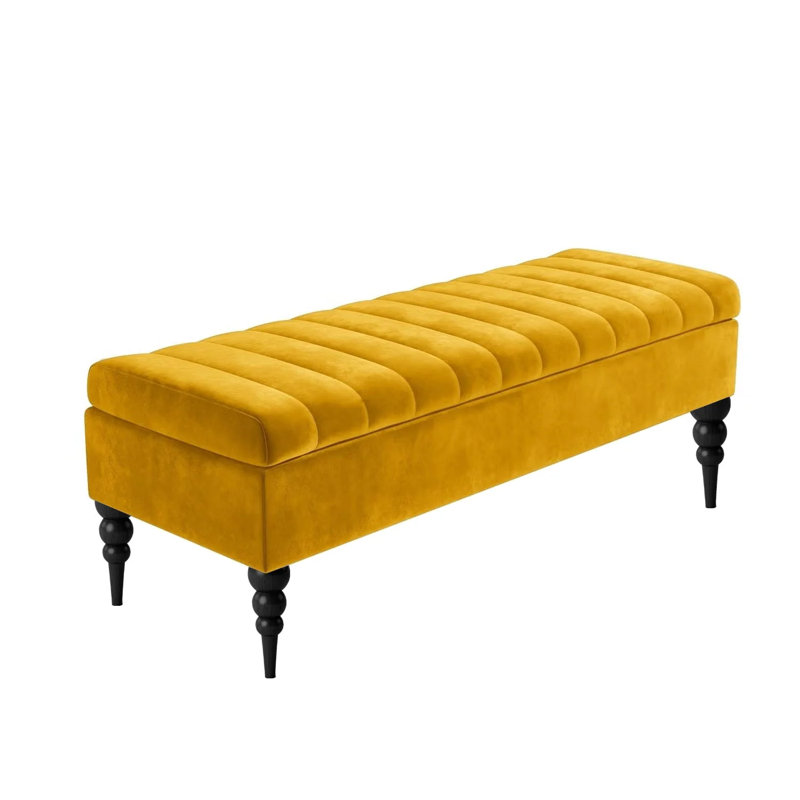 Sierra Striped Ottoman Storage Bench - Upholstered Plush Velvet Shoes Bench with Turned Wooden Legs, Gold