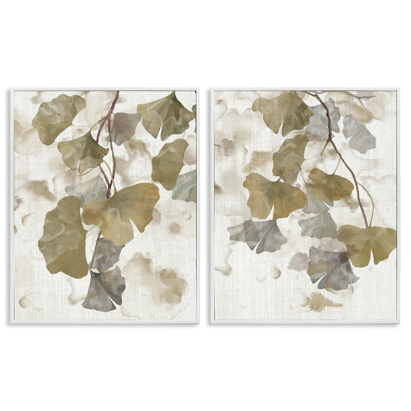 Reproduction de feuilles de gingko rustiques encadrées sur bois, 2 pièces, H 14 po x l 11 po x P 1,5 po