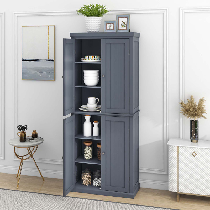 Organisateur de cuisine autoportant de 72,4 po avec 4 portes et tablettes réglables, gris