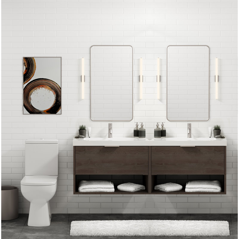 Modo 72" W Wall Mounted Double Bathroom Vanity, Matte White/Single, Biondo, Satin Brass