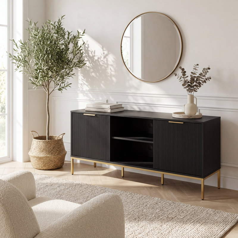 Meuble télé avec pieds Modernes en forme de vague avec pieds et poignées décoratifs en métal, avec charnières à fermeture en douceur, tablette ouverte et tablettes de rangement intérieures réglables