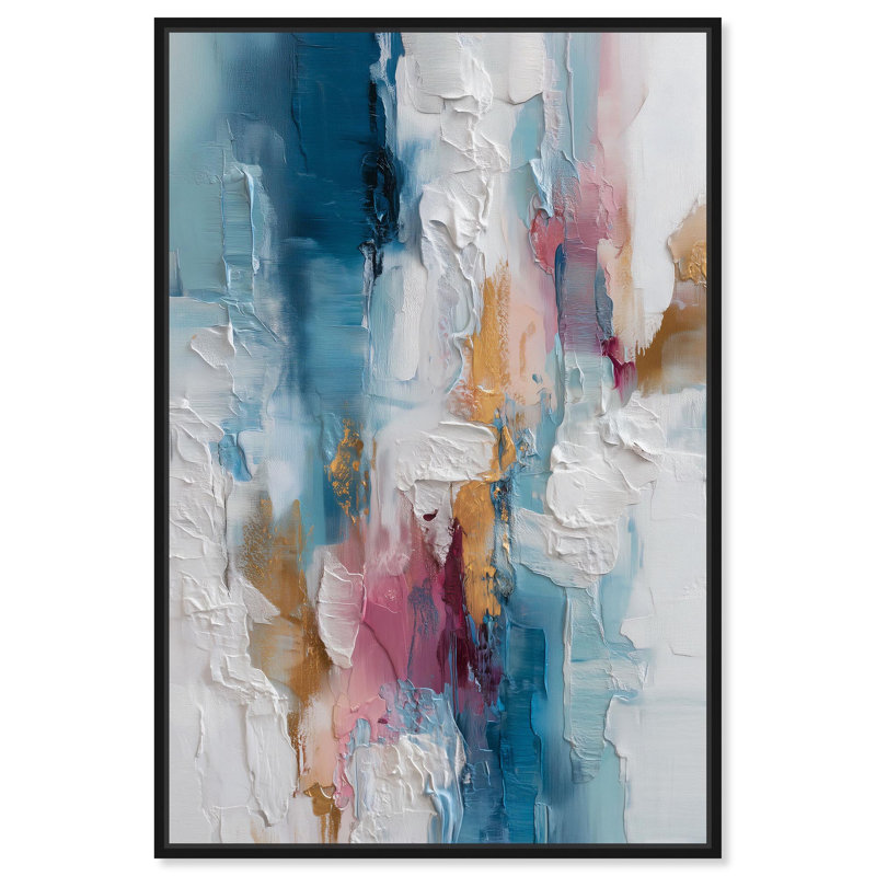 Décoration murale moderne pétale rose et bleu océan I par , Cadre flottant noir, H 16 po x l 11 po