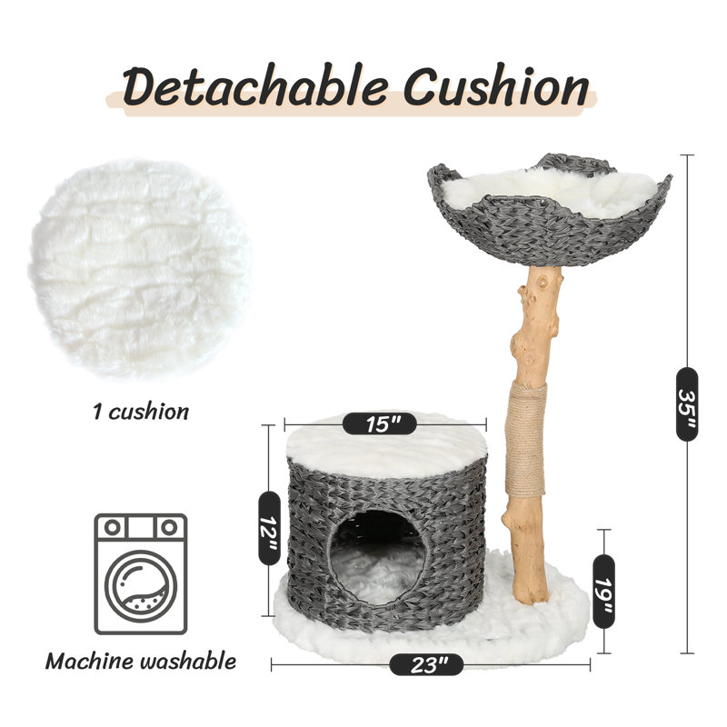 Gray and Natural Wood Cat Tree with Woven Condo