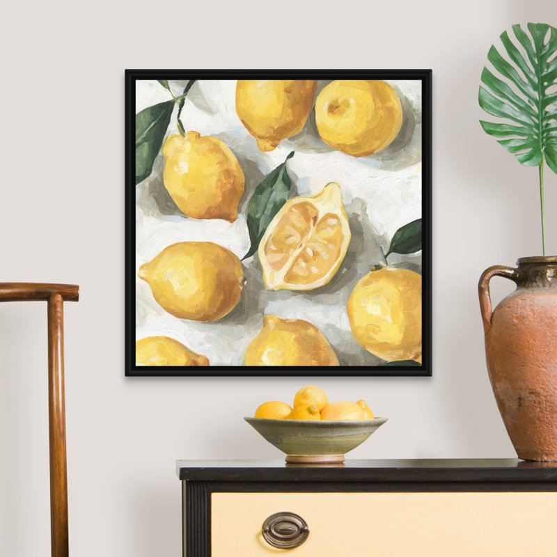 «Fresh Lemons I» par Emma Caroline - reproduction d'art sur toile, H 26 po x l 26 po x P 1,75 po, Cadre flottant noir