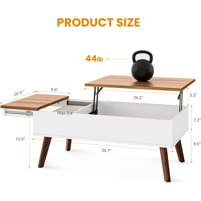 Table basse à plateau relevable avec rangement caché, assemblage en 10 minutes, mécanisme de fermeture en douceur, conception robuste pour le salon et le bureau personnel