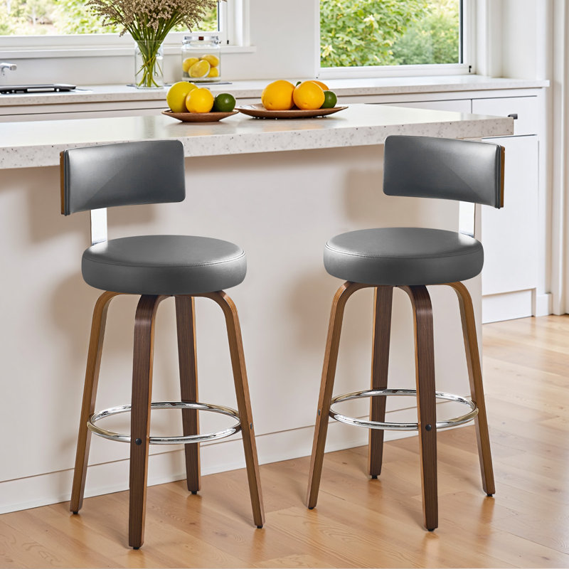 360° Swivel Upholstered Bar Stools - Walnut Wood Counter Chairs Load 150Kg, Grey