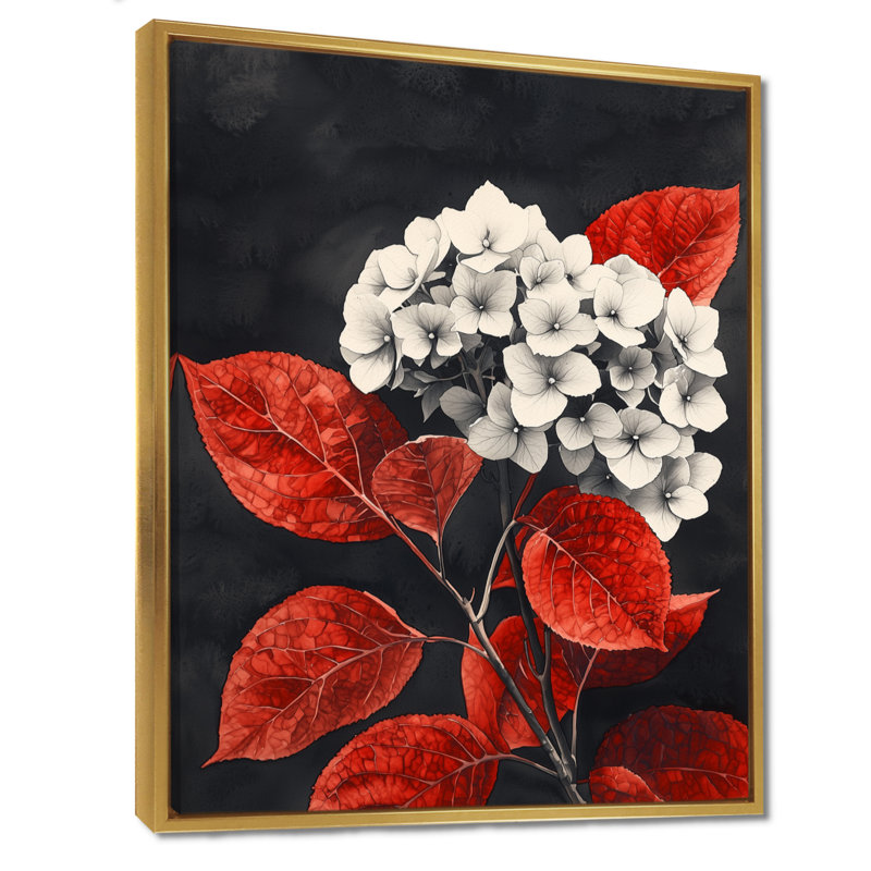 Hortensias monochromes avec feuilles rouges II - hydrangées grand art mural, H 40 po x l 30 po, Doré