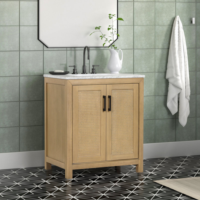 Garett Meuble-lavabo autoportant à simple cuve en chêne naturel avec plateau en marbre de Carrare