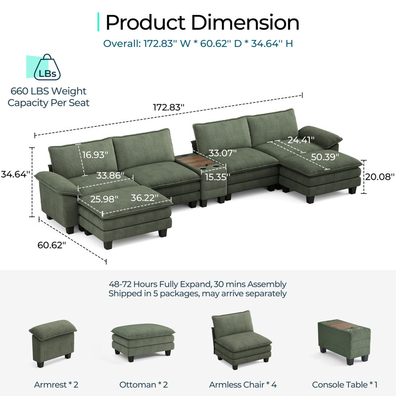 Colbey 172" Oversized Corduroy Cloud U-Shaped Sectional Sofa With Storage End Table, Elio Green Corduroy