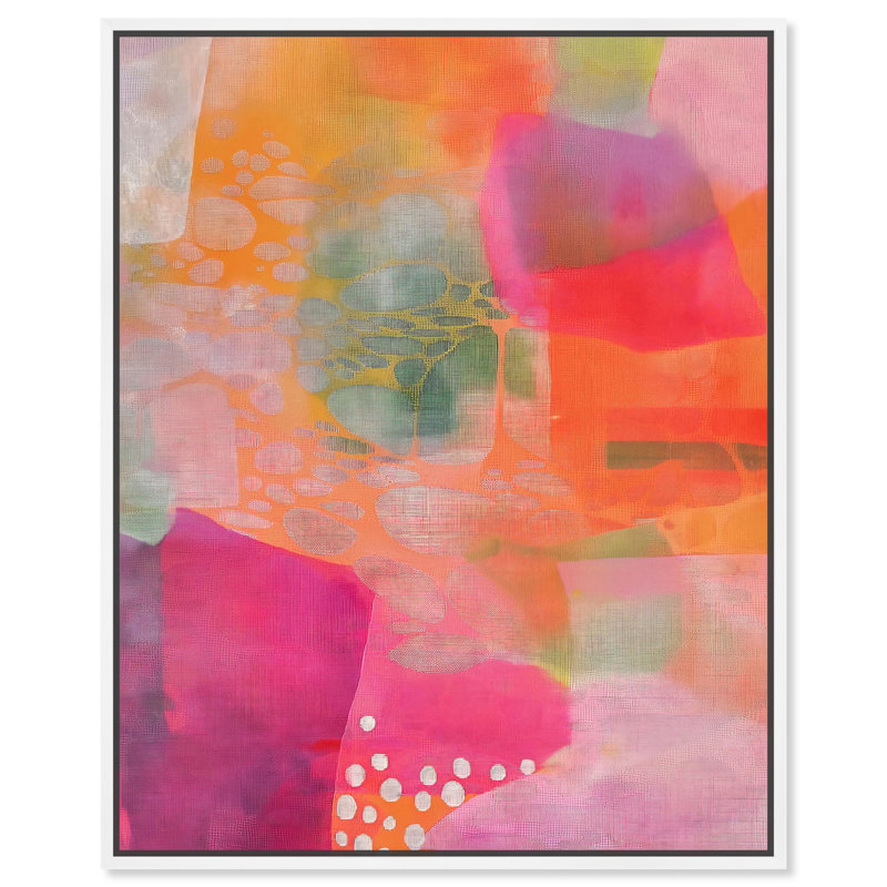 «Garnet Gleam II», toile néon abstraite par Art Remedy, H 21 po x l 17 po, Cadre blanc