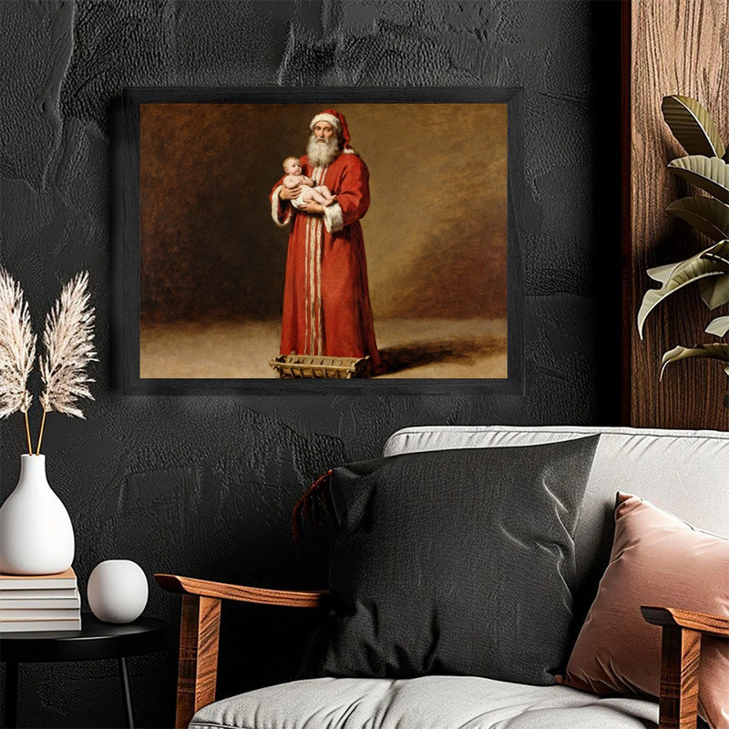 Art mural rétro noir avec père Noël - impression de décorations de crèche de Noël rustique sacrée, H 17 po x l 13 po