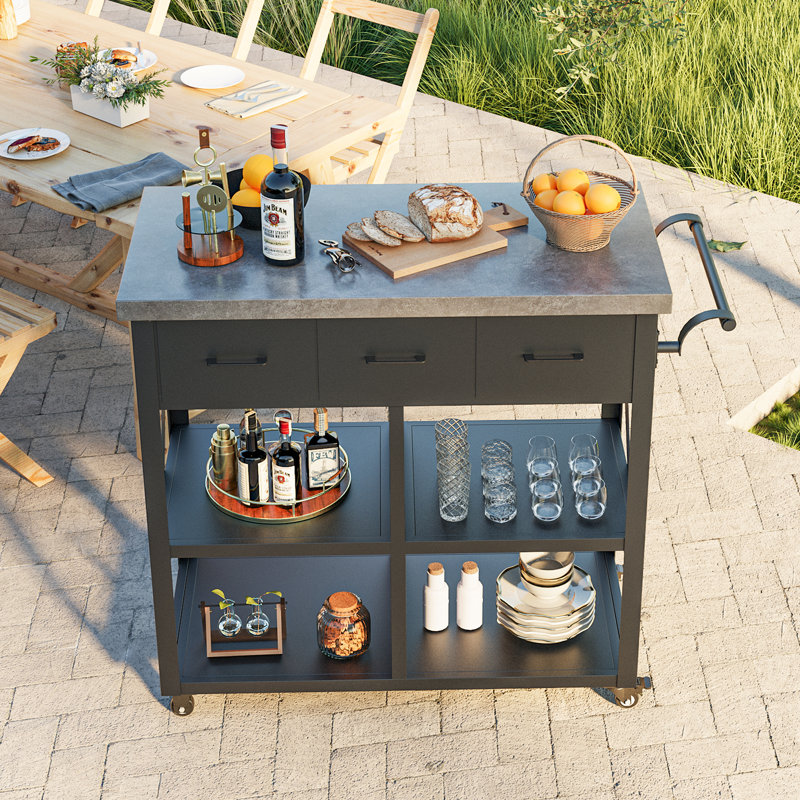 Carvajal 44‘’ Wide Outdoor Kitchen Grill Island Cart With Functional Drawers And Locking Wheels, Marble Looking Countertop