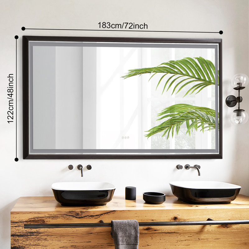 Wood Grain Aluminum Frame Led Frontlit Lighted Bathroom Vanity Mirror, Anti-fog/stepless Dimmable/3 Colors Adjustable