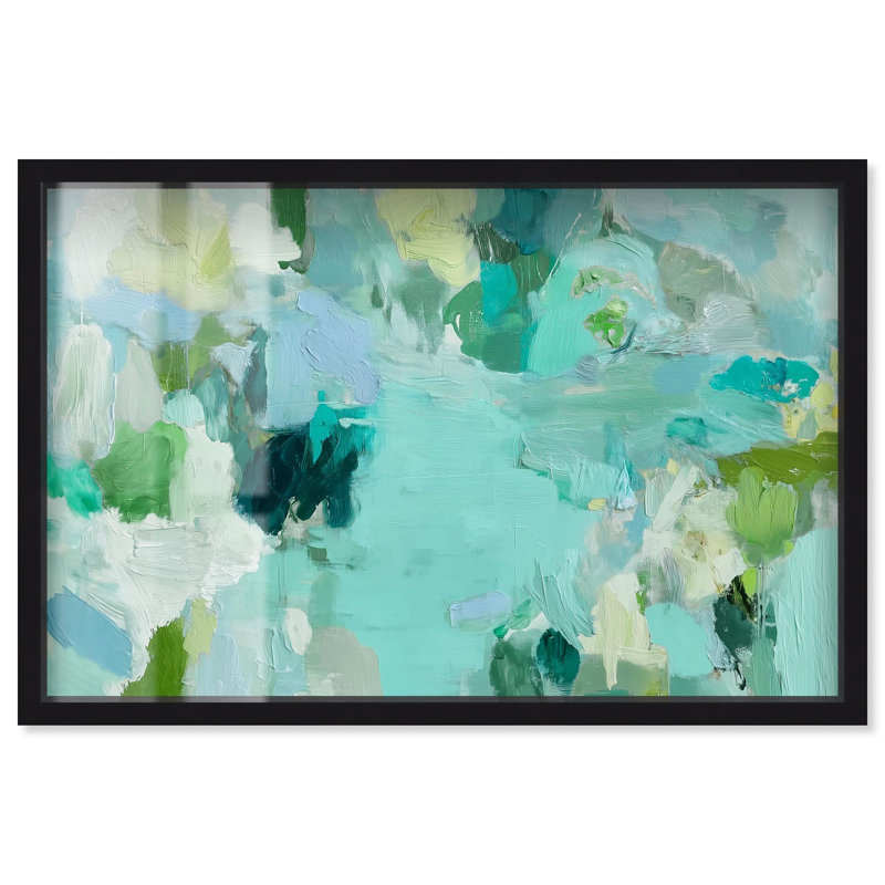 «Alista Green Blues Shadowbox», art abstrait vert par Art Remedy, Noir, H 17 po x l 25 po