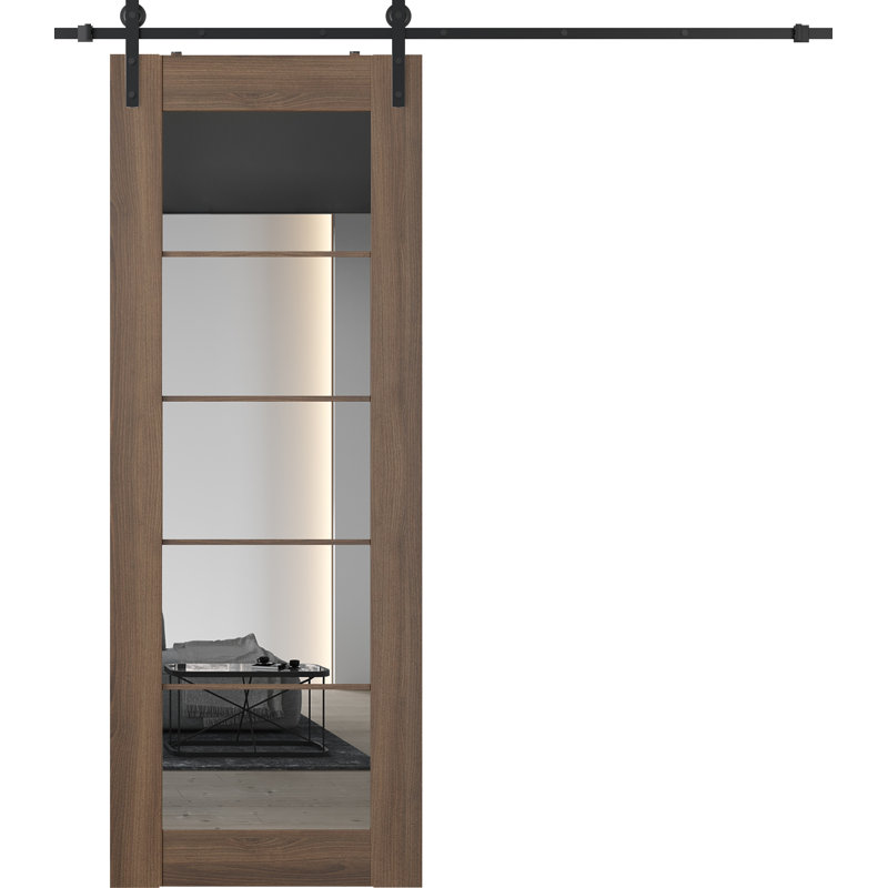 Porte de grange intérieure en bois manufacturé et miroir Avon 5 Lite avec trousse de quincaillerie d'installation Avon