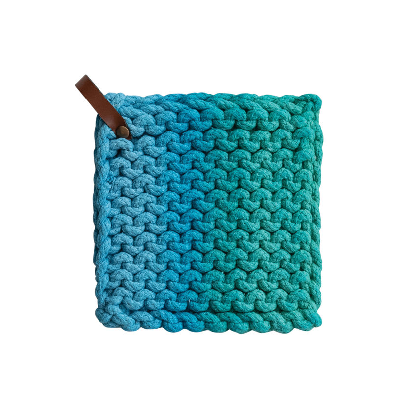 Support à casserole carré en coton au crochet, Bleu / blanc