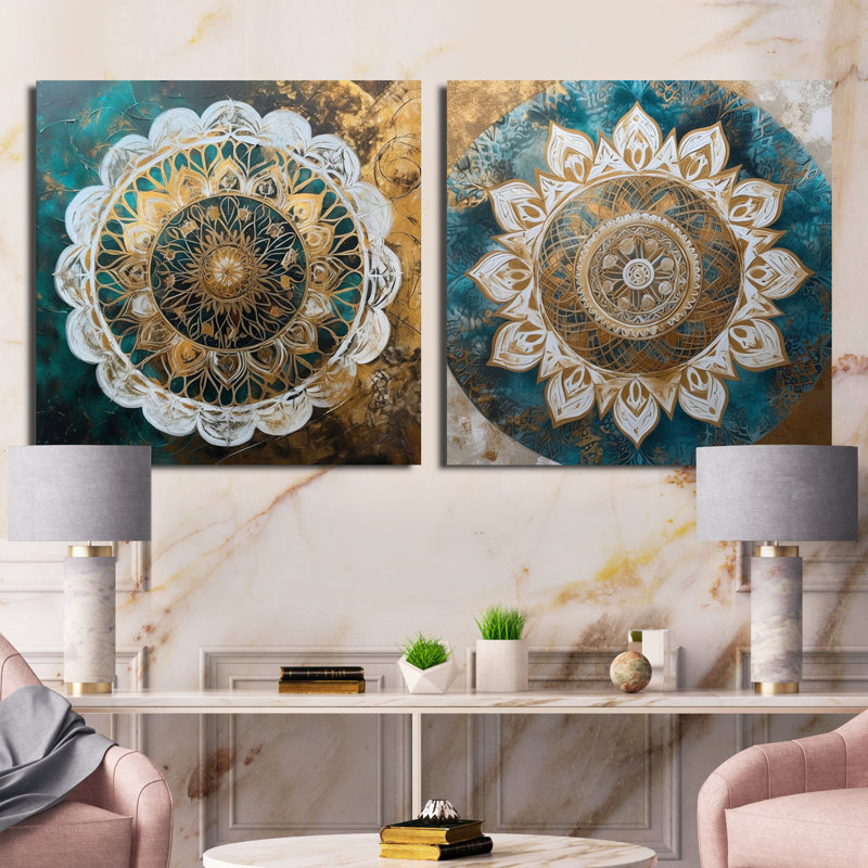 Mandala bleu sarcelle et doré - ensemble de 2 collages carrés boho mandala, Toile tendue, H 16 po x l 33 po