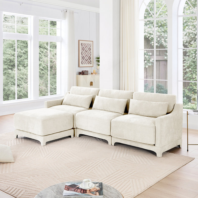 Elegant Chenille Upholstered Sofa with Tailored Tufting and Two movable ottomans, Beige Chenille, 32.6" H x 105.9" W x 61" D