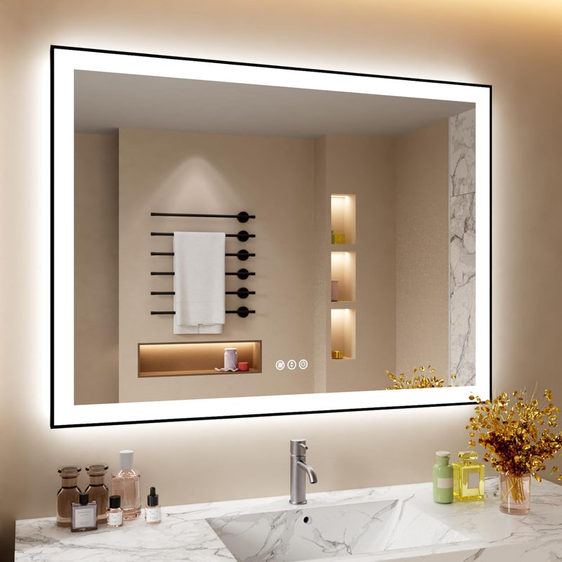 Miroir de salle de bain à DEL avec cadre noir, rétro-éclairé et miroirs de salle de bain éclairés, 48 po x 36 po