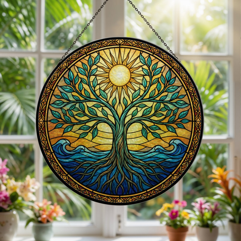 Panneau de vitrail 12 "H Sun Tree, H 12 po x l 12 po