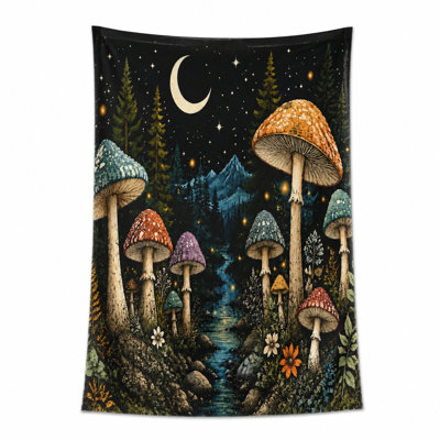 1Pcs Whimsical Mushroom Forest Night Scene Beach Towel, featuring vibrant, colorful mushrooms, a crescent moon, starry sky, and serene mountains. Ideal for trips, camping, outdoor adventures, artistic design, unisex.