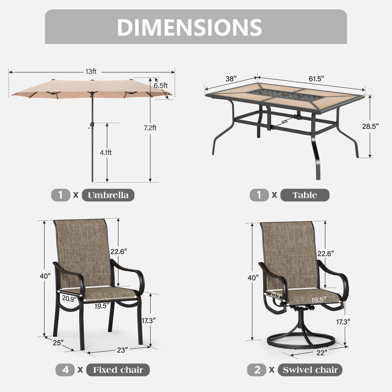 Ensemble de table de salle à manger d'extérieur pour 6 personnes avec parasol