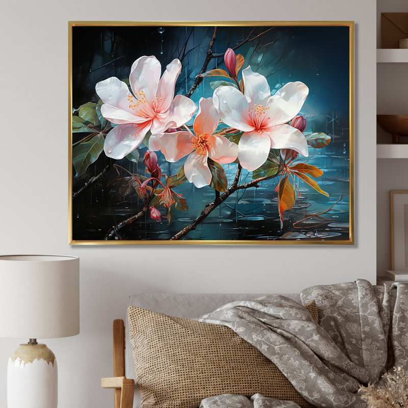 Plumeria Flowers Bathed In Silvery Moonlight - reproduction d'art sur toile Plumeria, Cadre flottant doré