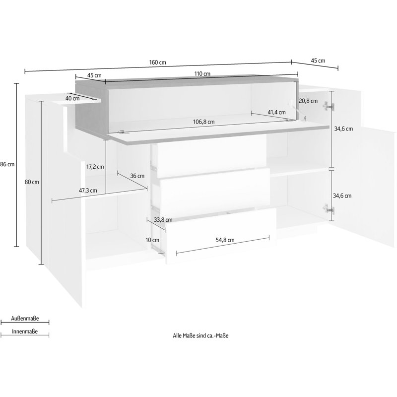 Sofren 160cm Sideboard, White/Black