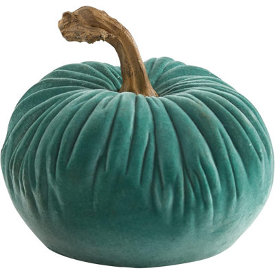 Farmhouse Decorative Fall Small Aqua Flocked Fabric Pumpkin | Rustic Fall Table Decor for Seasonal Flair | Velvet Fall Pumpkin Decor for Tables and Mantels