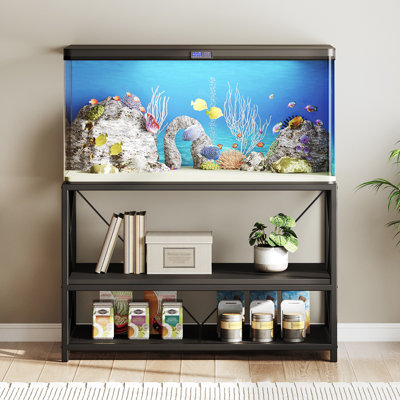 55-75 Gallon Fish Tank Stand With 3-tier Storage Shelf, Metal Aquarium Stand For Reptile Terrarium Turtle And Breeder Tank Stand, Heavy Duty Metal Frame