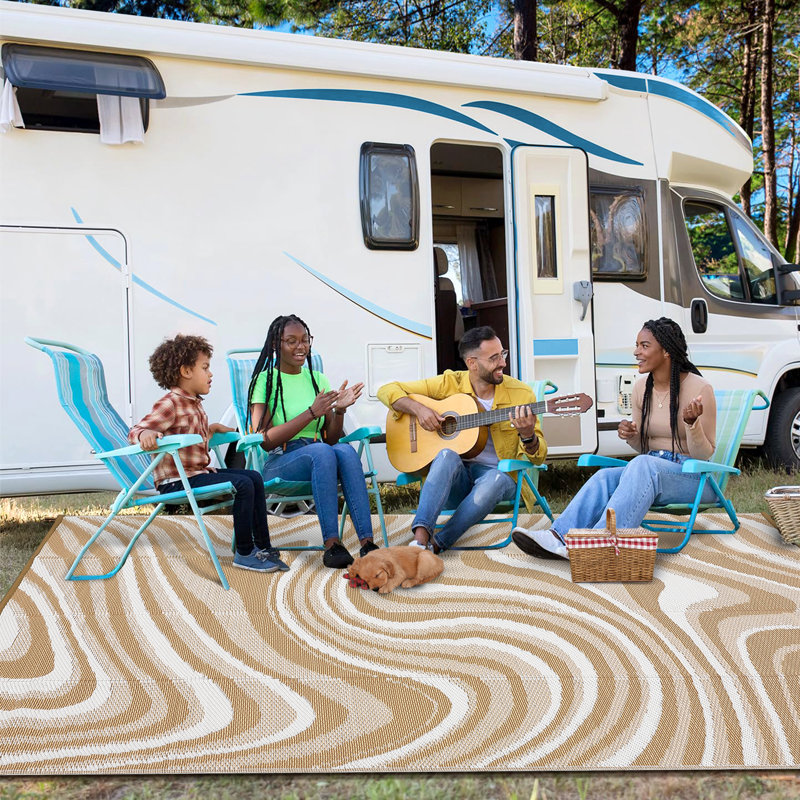 Waterproof Outdoor Patio Rug – Reversible Modern Striped Plastic Straw Mat with Rubber Backing, Easy Clean Collapsible Carpet for Camping, Deck, RV, Backyard – Brown/Coffee/White, 9x18ft (274x549cm)