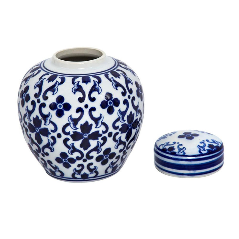 Pot décoratif 7,5 po en porcelaine bleue et blanche, vase à couvercle décoratif avec motifs floraux pour manteau de cheminée, dessus de table, fleurs ou centre de table 