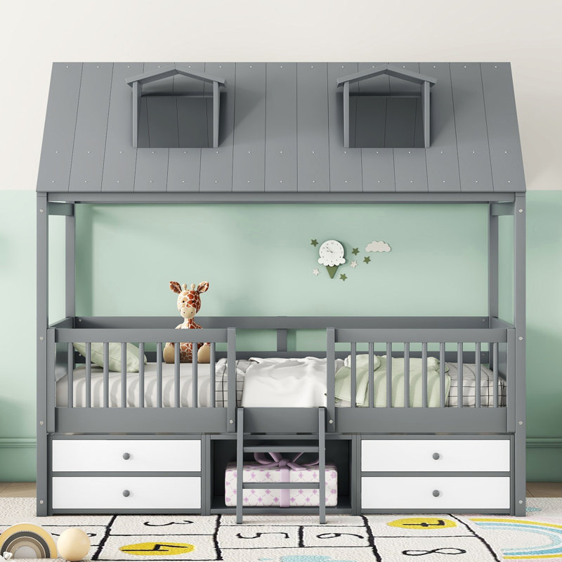 Structure de lit double pour enfants avec échelle, lanterneaux et tiroirs de rangement, gris, Gris, Lit simple