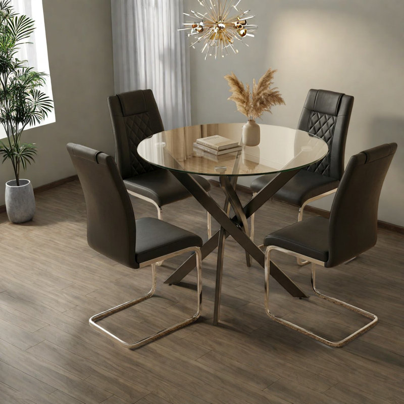 Ensemble de table à manger moderne noir, plateau en verre avec cadre en métal pour la cuisine