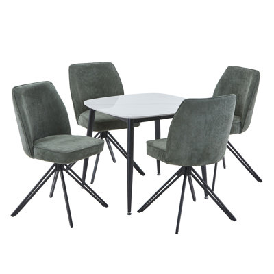 Aspen Gloss White Sintered Stone Square Table with 4 Swivel Upholstered Fabric Chairs - Modern Dining Set