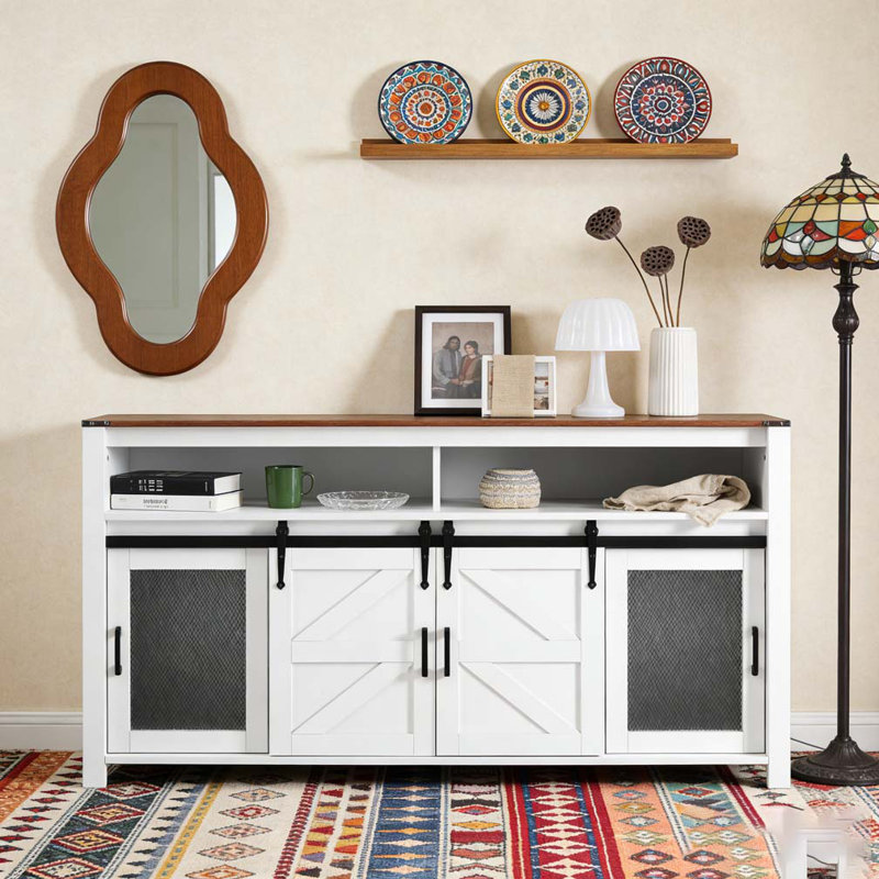 59.3''Sideboard with Sliding Barn Door and Mesh Panels,Farmhouse Buffet with Open Storage, Brown+White