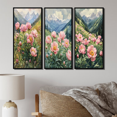Pivoines dans la vallée balayée par le vent I - Collection d'art mural traditionnel 3 pièces