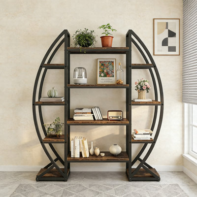 Industrial Bookshelf, Oval Triple Wide Etagere Bookcase With Multi-Level Display Shelves