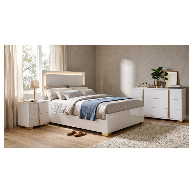 Ensemble de chambre à coucher complet 3 pièces Josephine White avec tête de lit DEL, commode et table de chevet