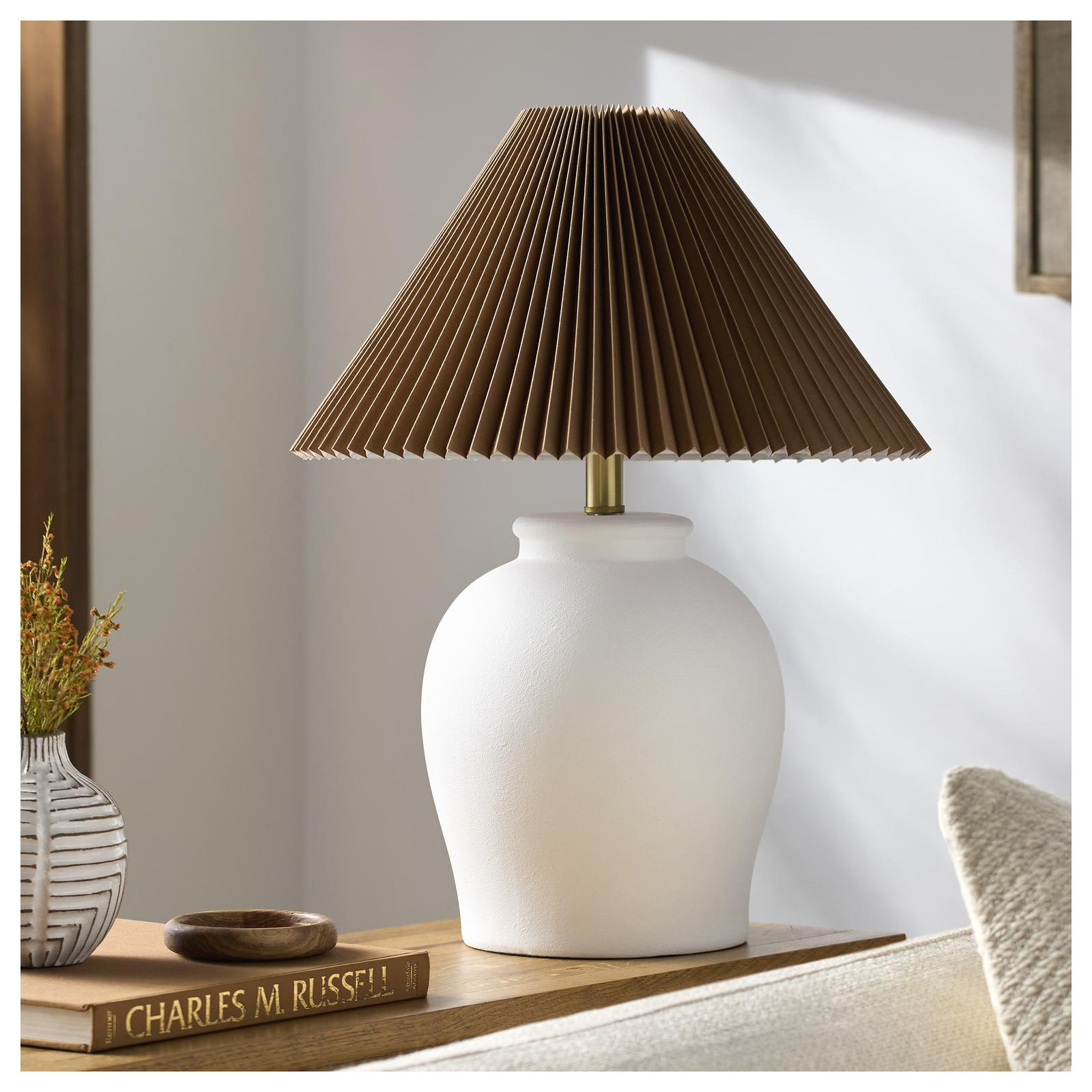 Chemise 22" Ceramic Table Lamp, White, Brown Pleated