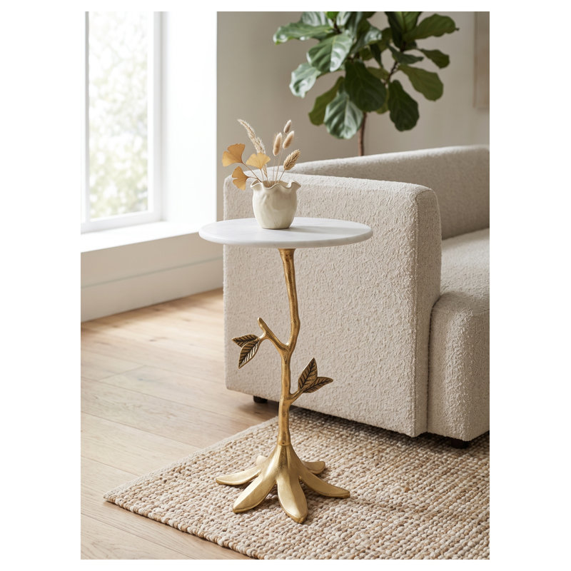 Table d'appoint Leafy Branch avec plateau en marbre blanc et base en aluminium doré, table d'appoint ronde de 14 po