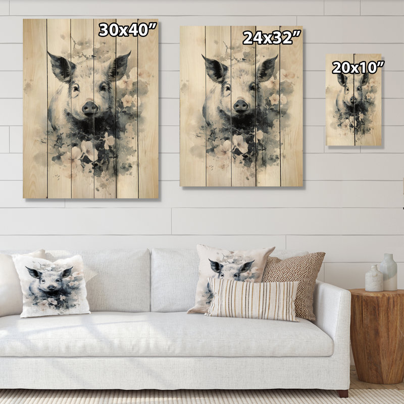 Art asiatique, cochon Sumi sur bois, H 20 po x l 10 po x P 0,78 po