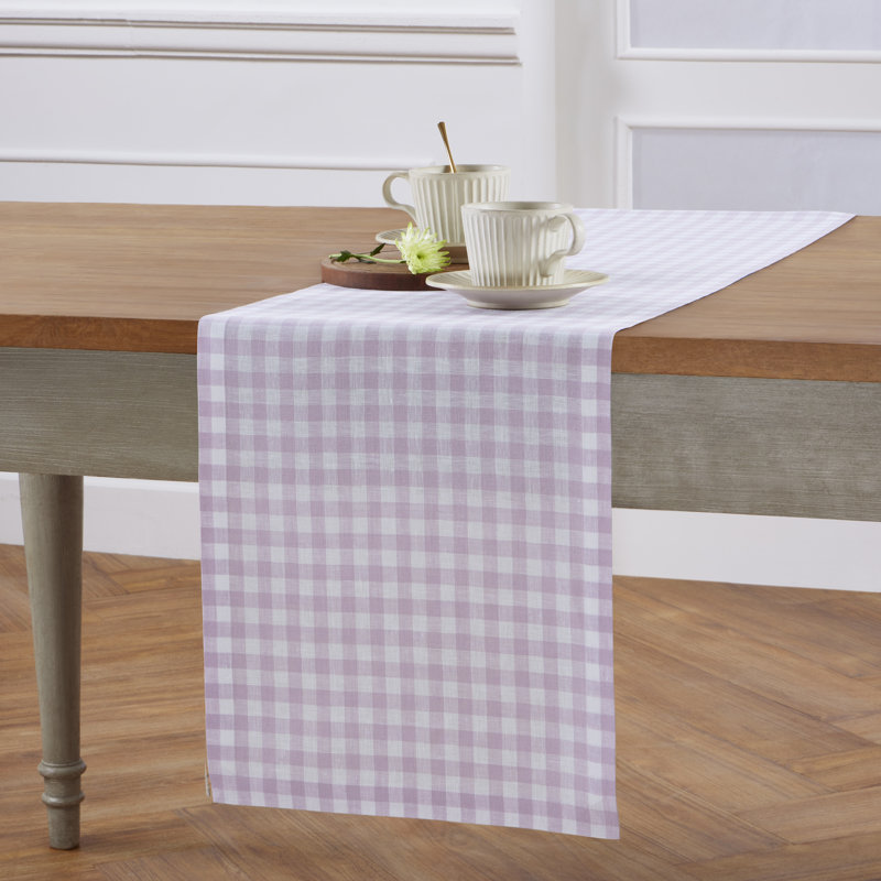 Gingham Checks - 100% Pure Linen Table Runner, 120" x 14", Lilac