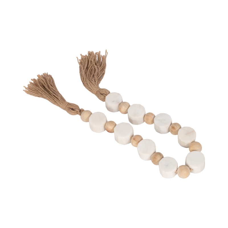 Decorative Stone Marble Beads Woven Jute Tassel Strand with Heart Shaped Accents for Rustic Textural Dimension and Natural Handcrafted Detail