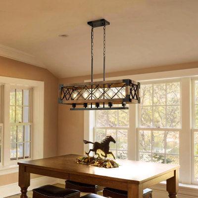 Frakes 5-Light Farmhouse Square/Rectangle Chandelier for Kitchen Island with Solid Wood Accent