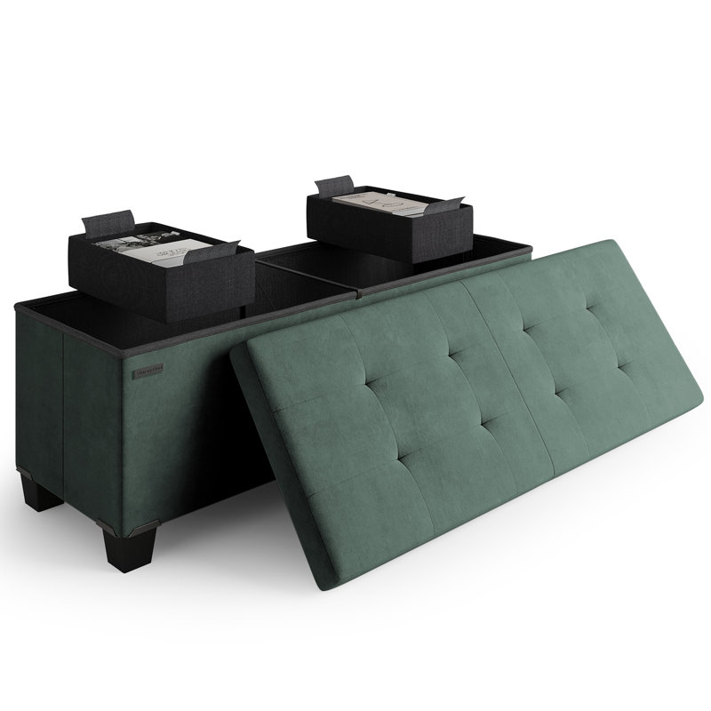 Banc repose-pieds en velours avec rangement amovible Nestl, H 15 po x l 43 po x P 15 po, Vert