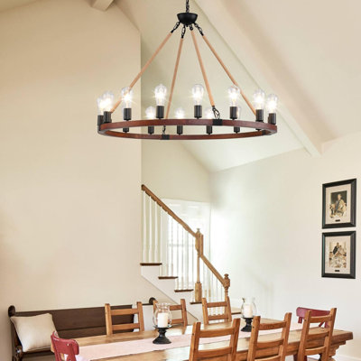 Lustre rustique en bois à roulettes - Luminaire rond de style campagnard pour salon, salle à manger, haut plafond avec chaîne réglable, certifié UL