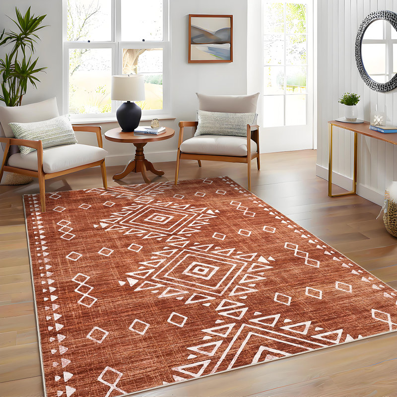 Boho Machine Washable Rug with Rubber Backing for Living Room Non-Slip Dining Room Rug Easy-Cleaning Floor Carpet for Bedroom Office Playroom_OKPHO_338N_Geometric_Brick Red