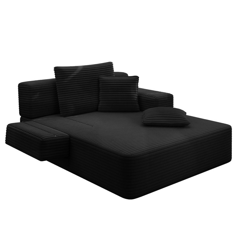 Luxurious Plush Corduroy Chaise Lounge with 3 Pillows, Convertible Sofa Bed with Storage Pocket, Frameless Design & Compression Foam for Small Spaces, Living Room, Apartment